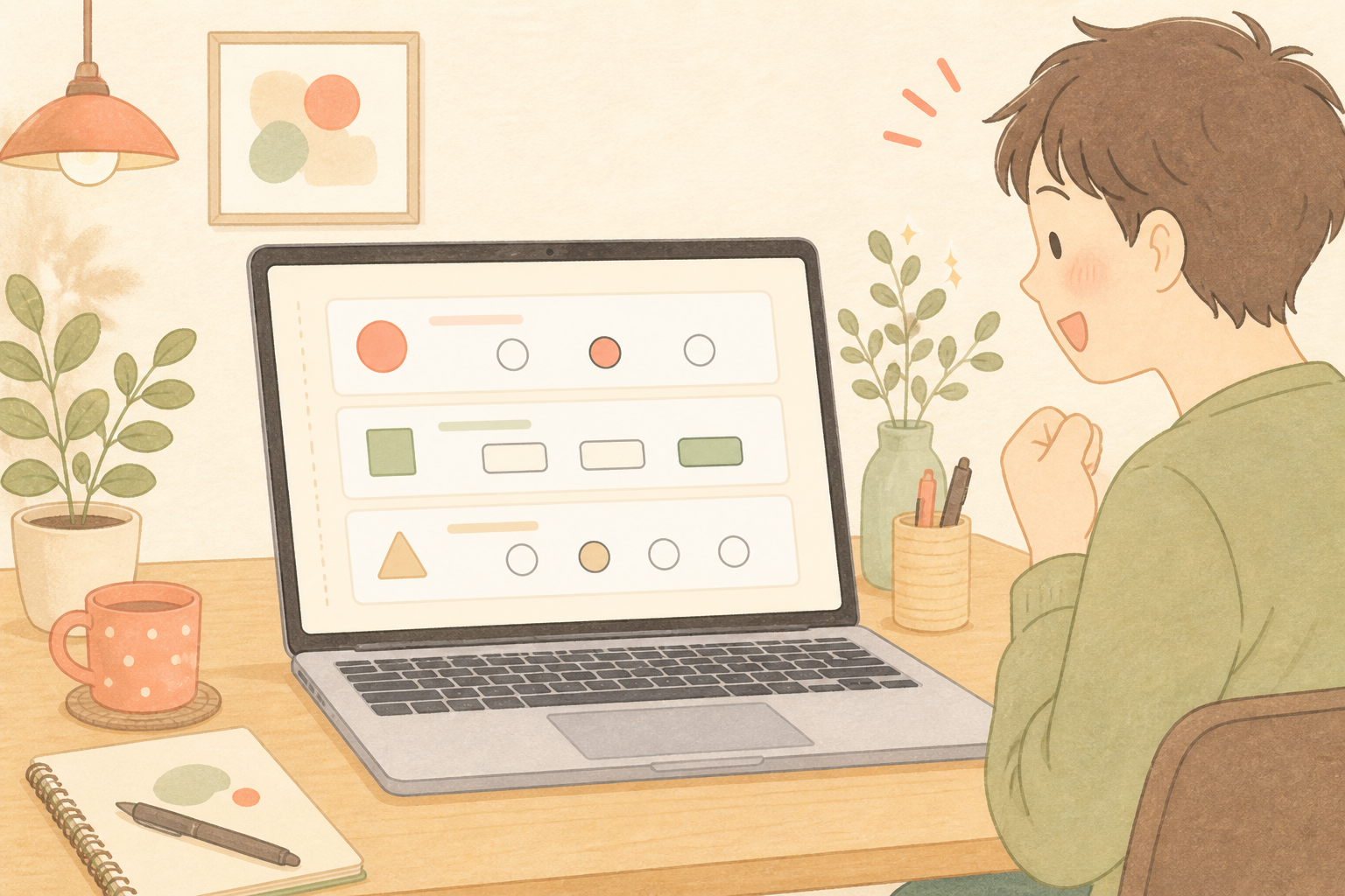 ノートパソコンに表示された簡単な診断フォームを、嬉しそうに見ている人のイラスト