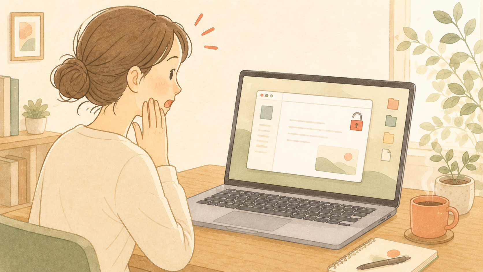 パソコンの画面の前で、鍵をかけ忘れたことに気づいてハッとしている人のイラスト