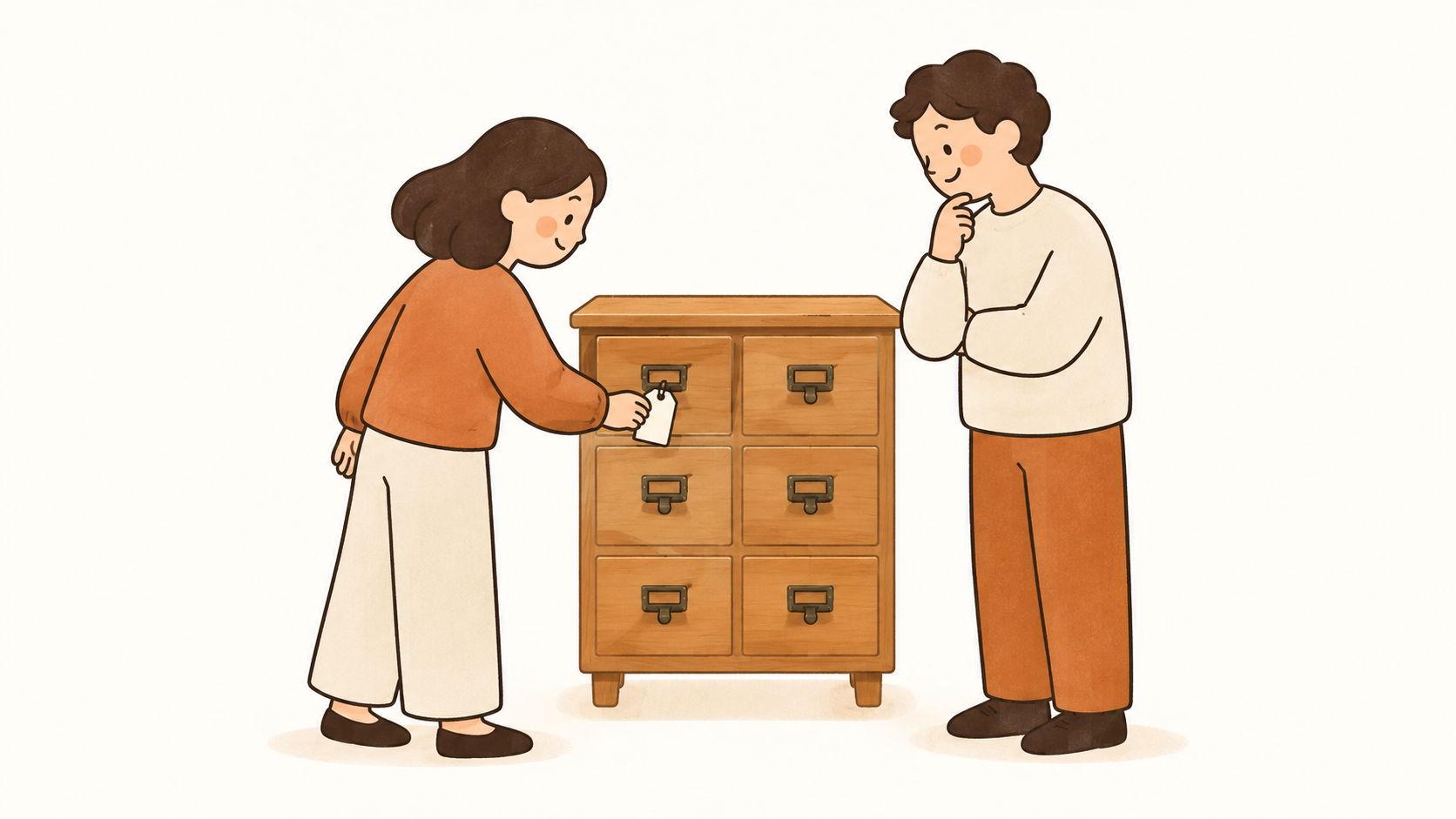 共用の引き出しに『使用中』の札がかかっていて、二人がそれを確認している様子のイラスト
