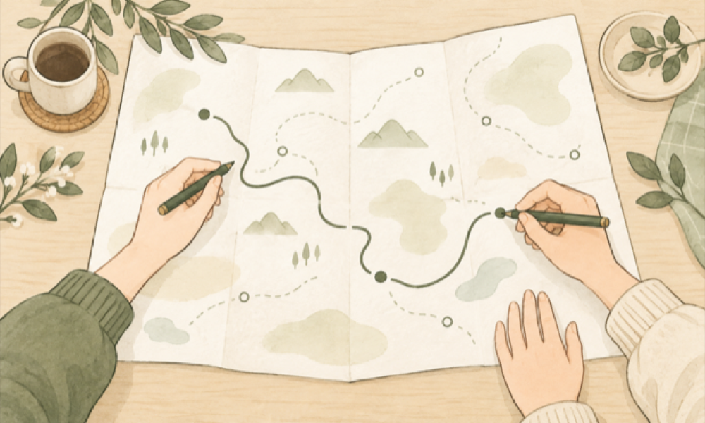 白紙の地図に、2人で一緒に道を書き込んでいるイラスト