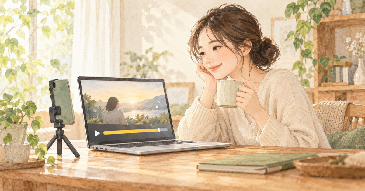 机の上のパソコンに映る動画を、マグカップを手にした人がうれしそうに見ているイラスト。横には三脚に立てたスマートフォンが置いてある